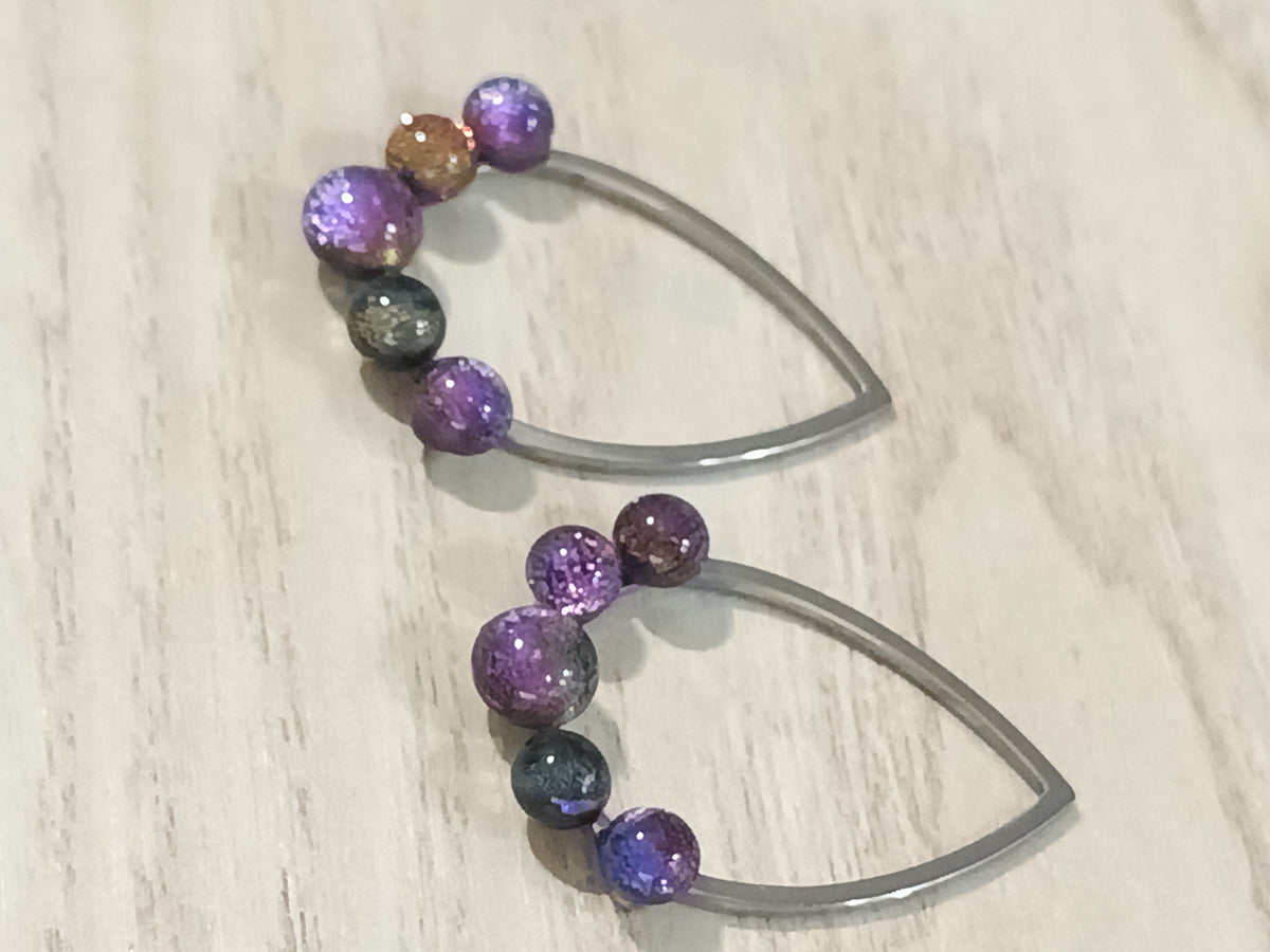 LONG IRISED DROP EARRINGS – HANDBLOW STEEL GLASS MICROCOSMOSES UNIVERSE