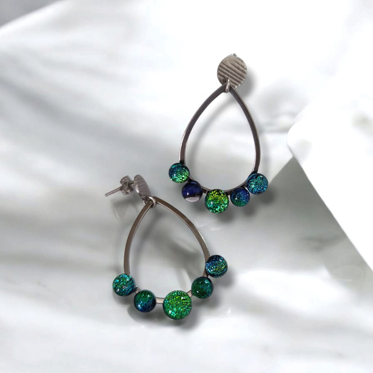 LONG IRISED DROP EARRINGS – HANDBLOW STEEL GLASS MICROCOSMOSES UNIVERSE