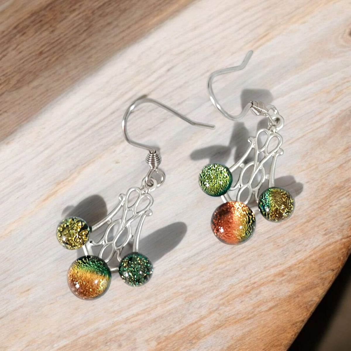 LONG IRISED DROP EARRINGS – HANDBLOW STEEL GLASS MICROCOSMOSES UNIVERSE